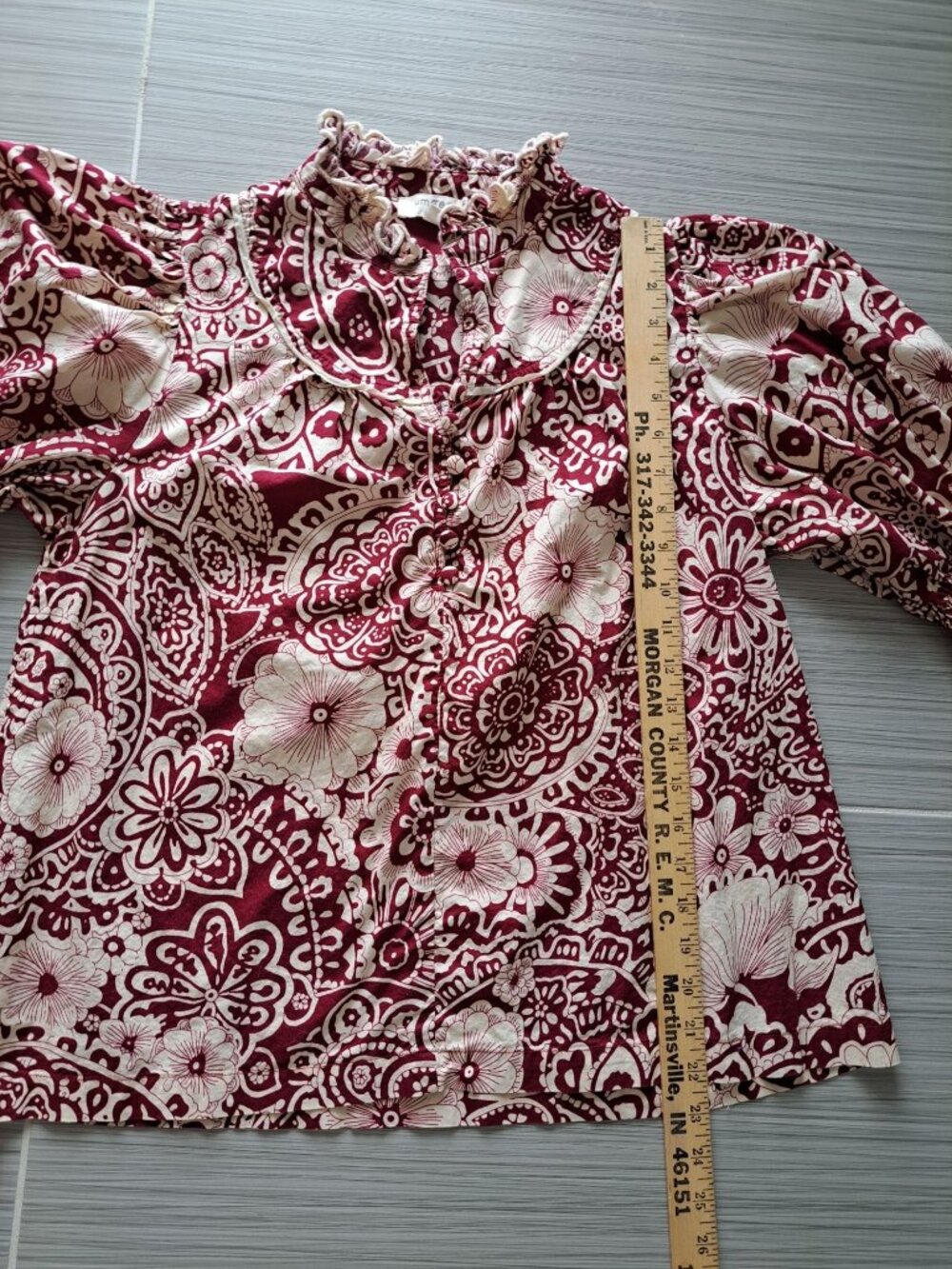Umgee Burgundy Paisley Floral Print Boho Peasant Blouse Ruffle Sleeves Cotton M - Picture 7 of 9